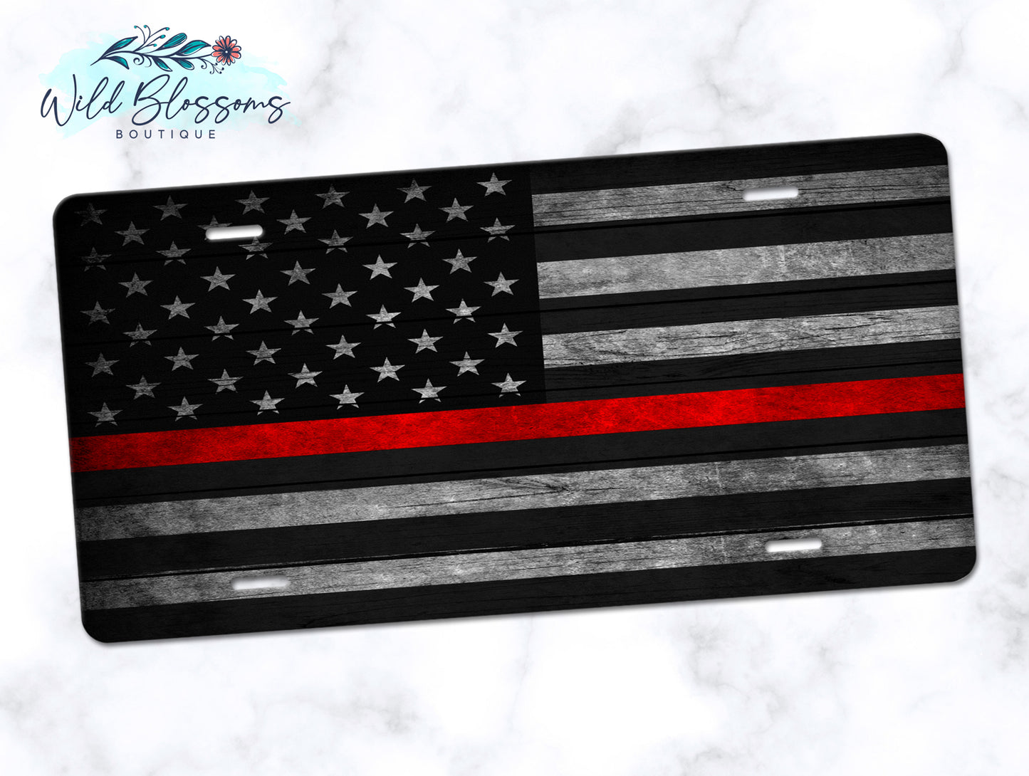 Wooden American Flag Red Line License Plate