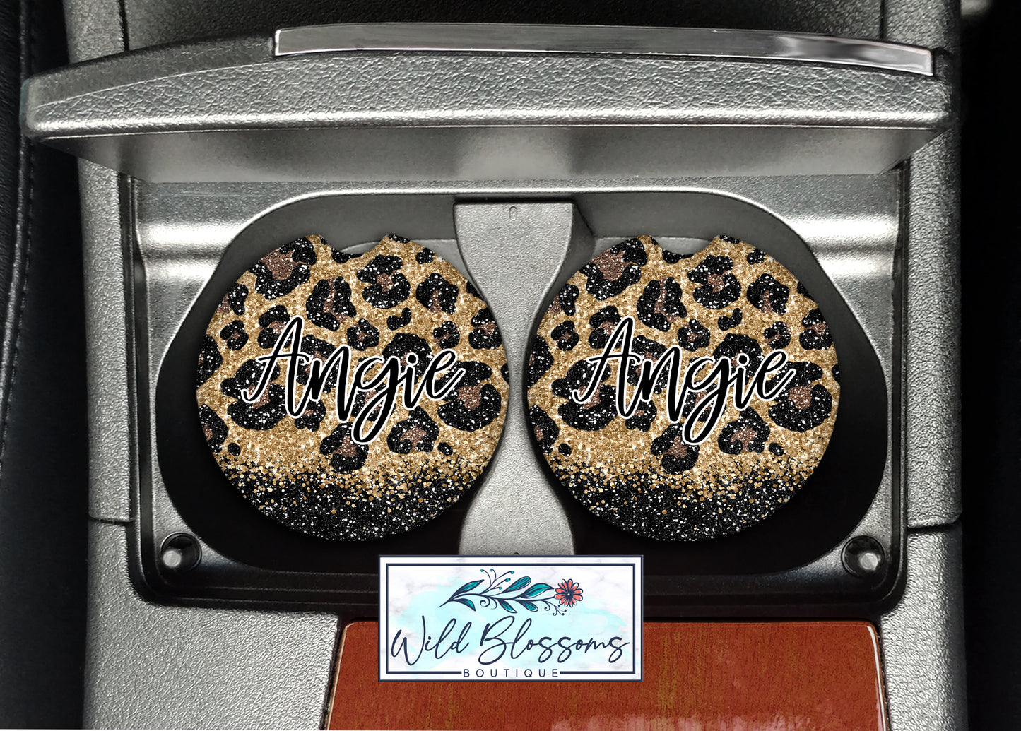 Leopard Print And Black Glitter Car Coasters