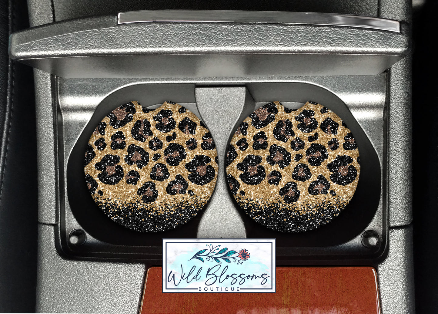 Leopard Print And Black Glitter Car Coasters
