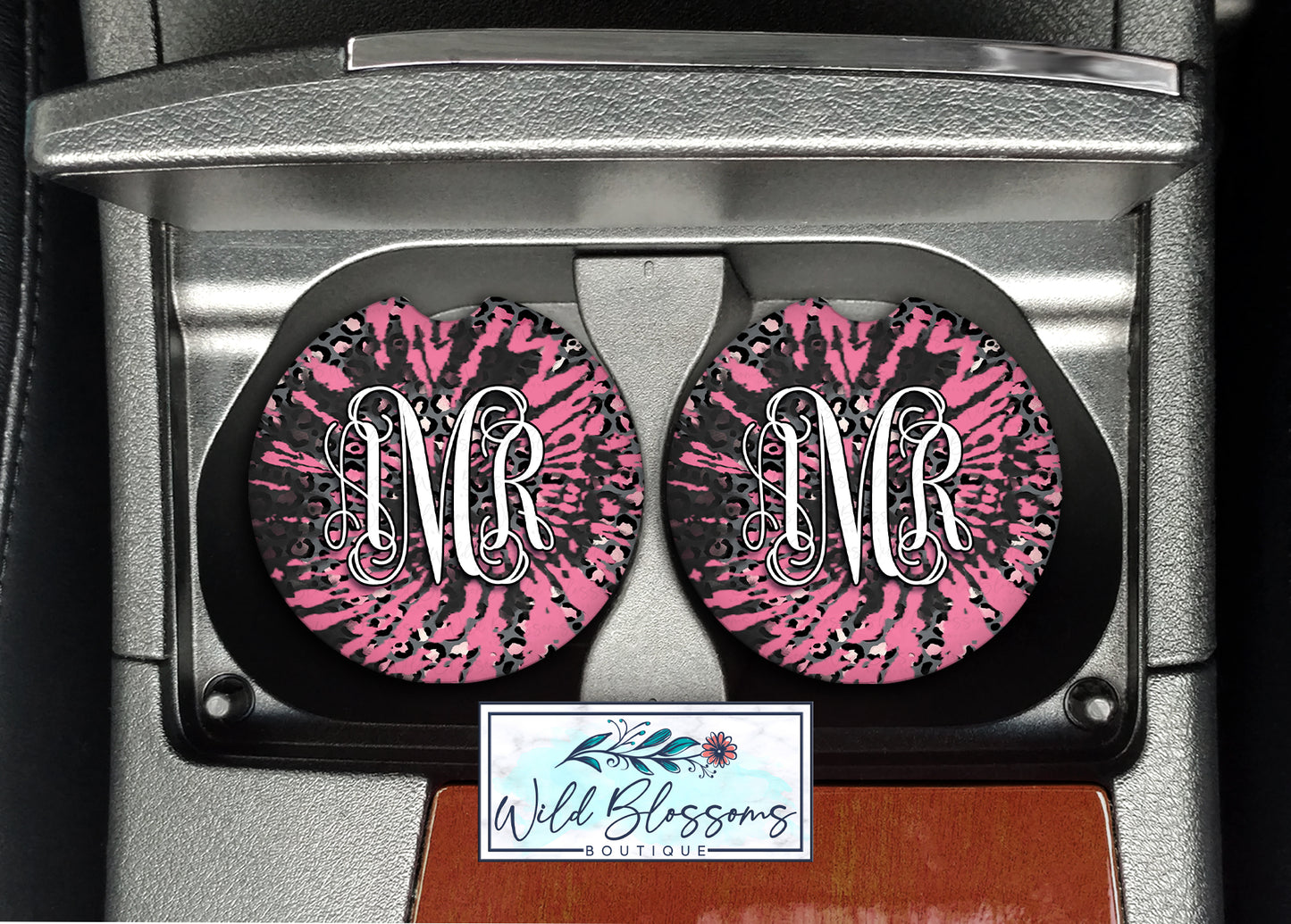 Pink And Black Leopard Print Tie Dye Car Coasters