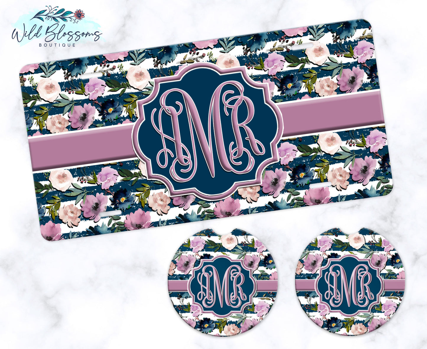 Navy And Mauve Floral License Plate