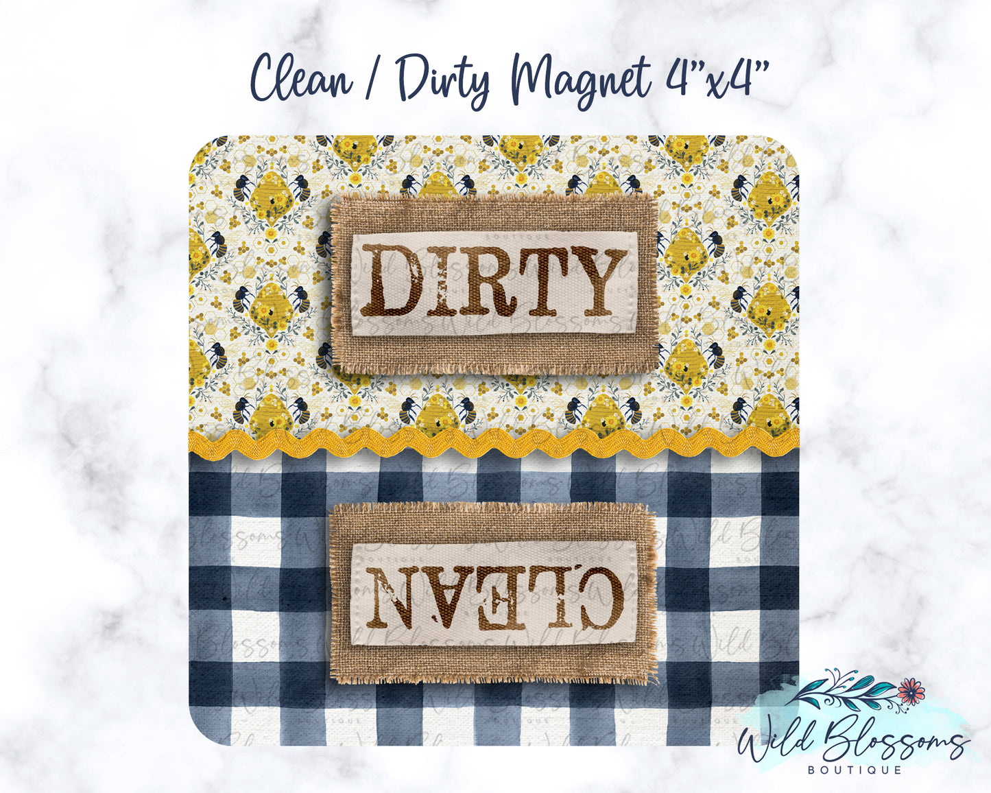 Navy Buffalo Plaid Farmhouse Bee Clean / Dirty Dishwasher Magnet