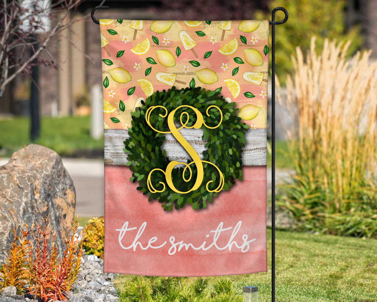 Pink Lemon Boxwood Wreath Garden Flag