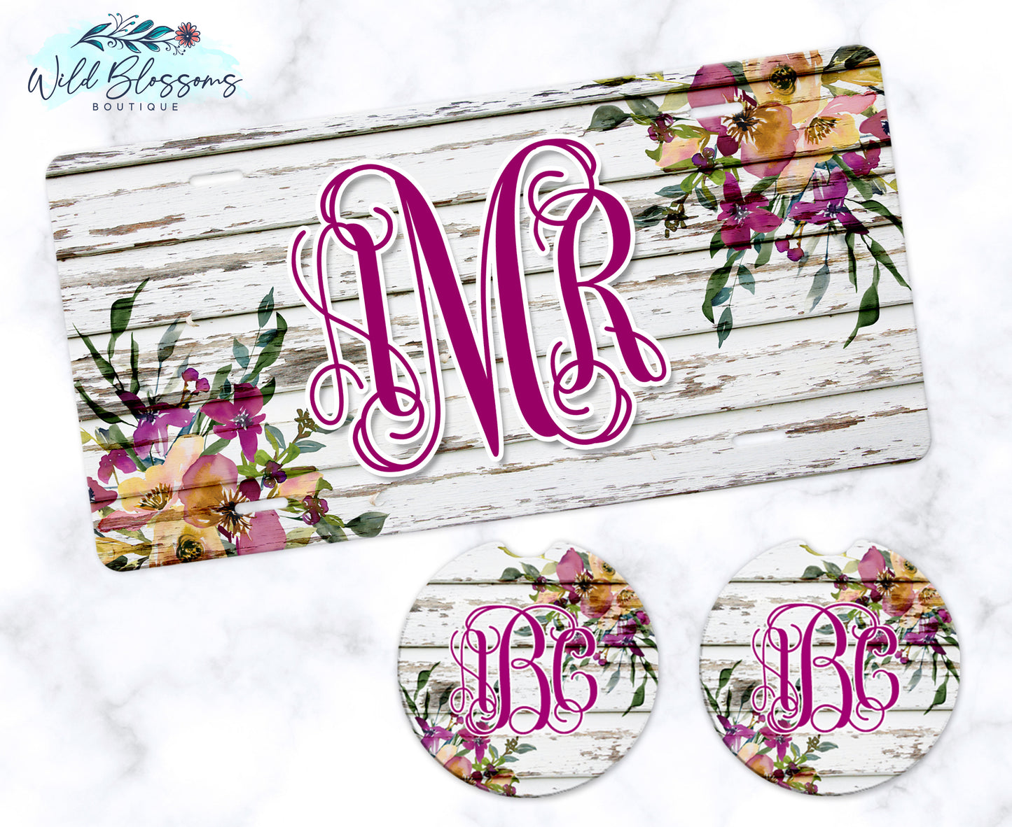 White Wooden Plum Floral License Plate