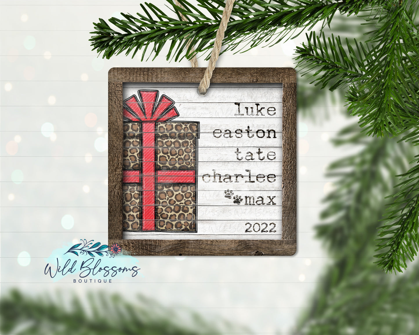 Rustic Wooden Present Family Name Ornament