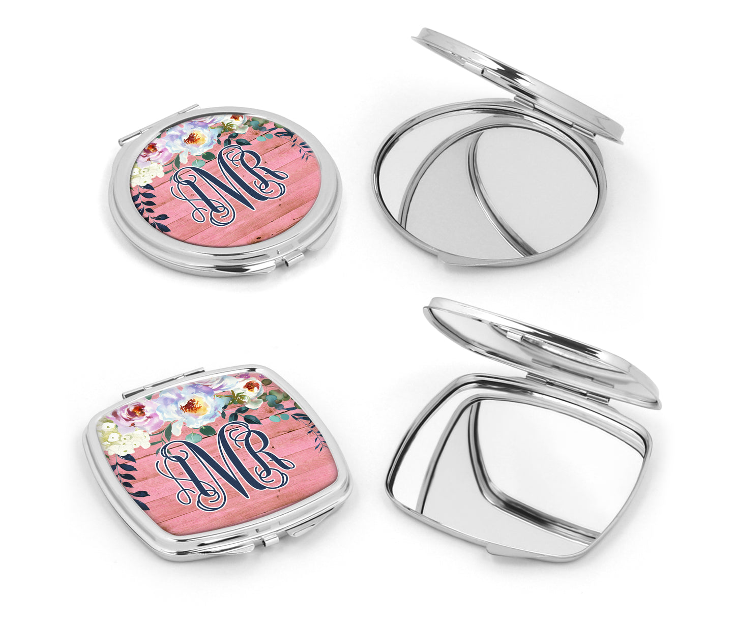 Pink and Wooden Floral Monogram Mirror Compact