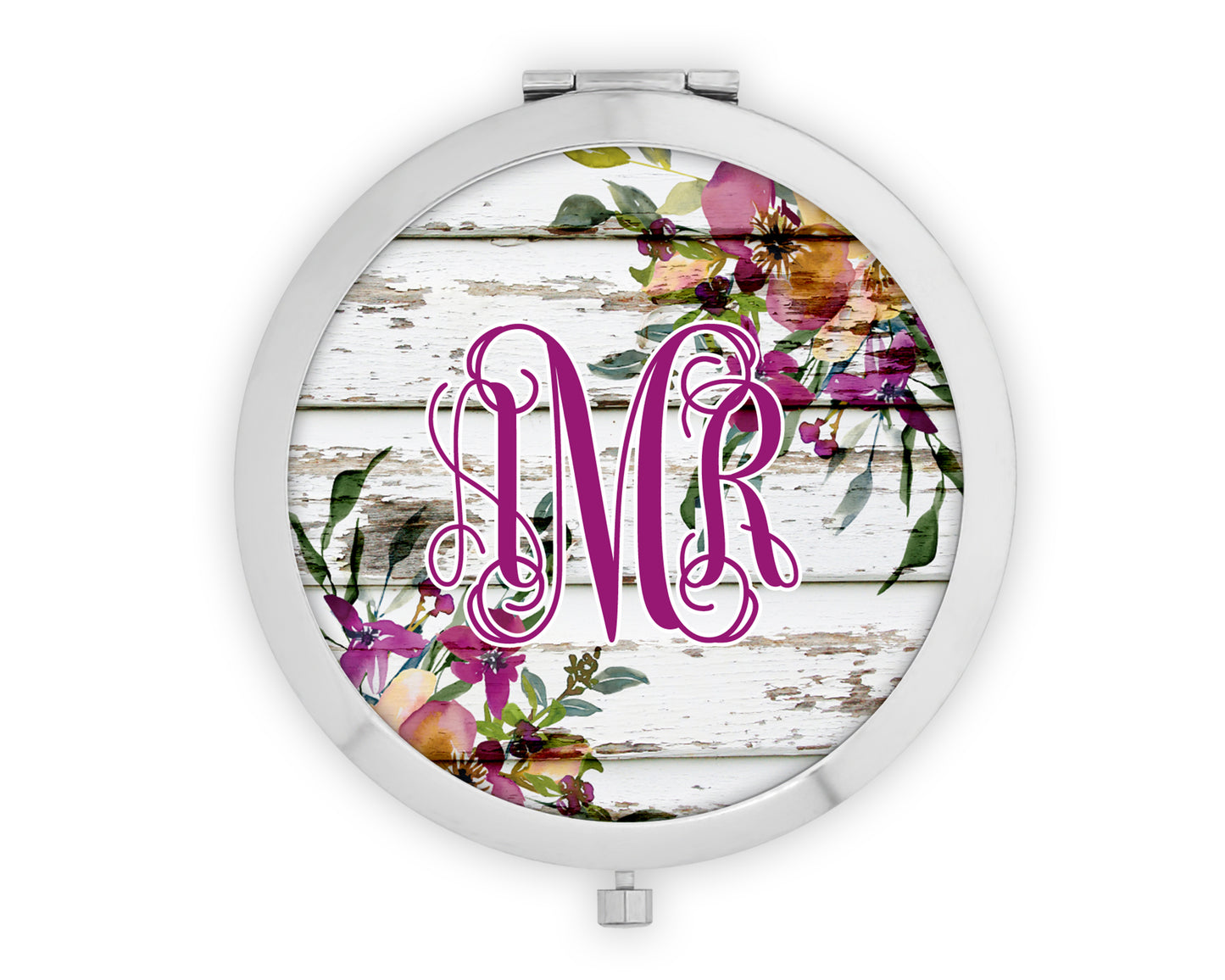 Plum Floral Wooden Monogram Mirror Compact