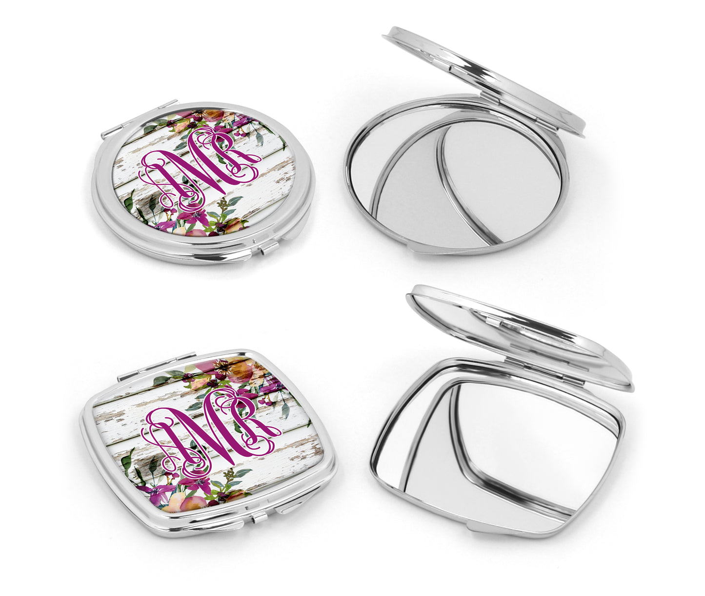 Plum Floral Wooden Monogram Mirror Compact