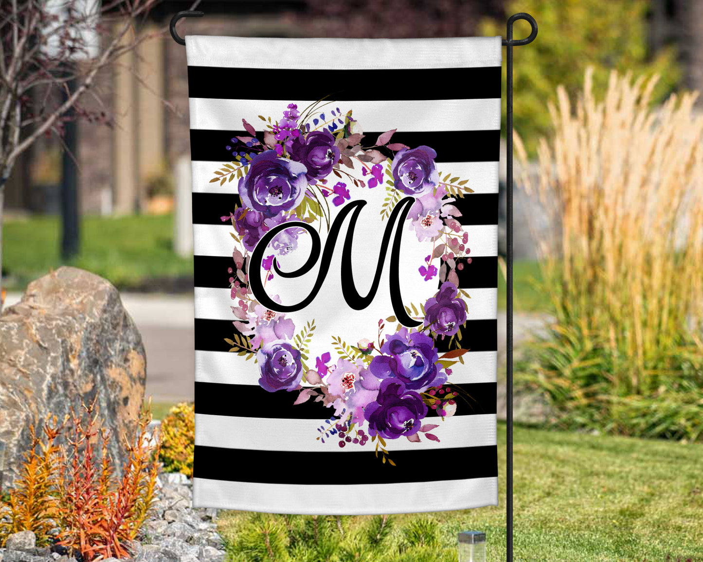 Black and White Striped Purple Floral Personalized Garden Flag