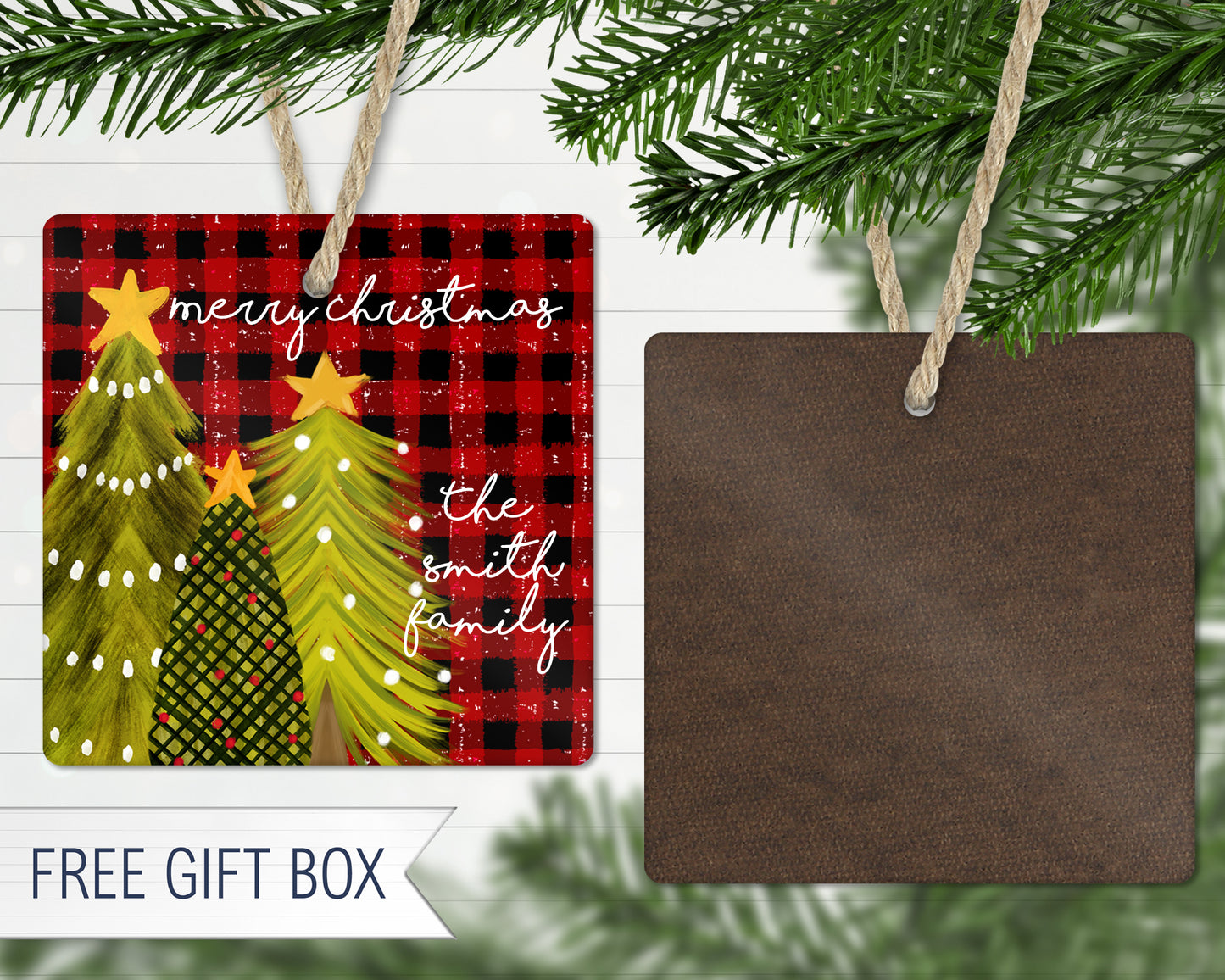 Red Buffalo Plaid Christmas Trees Square Door Hanger