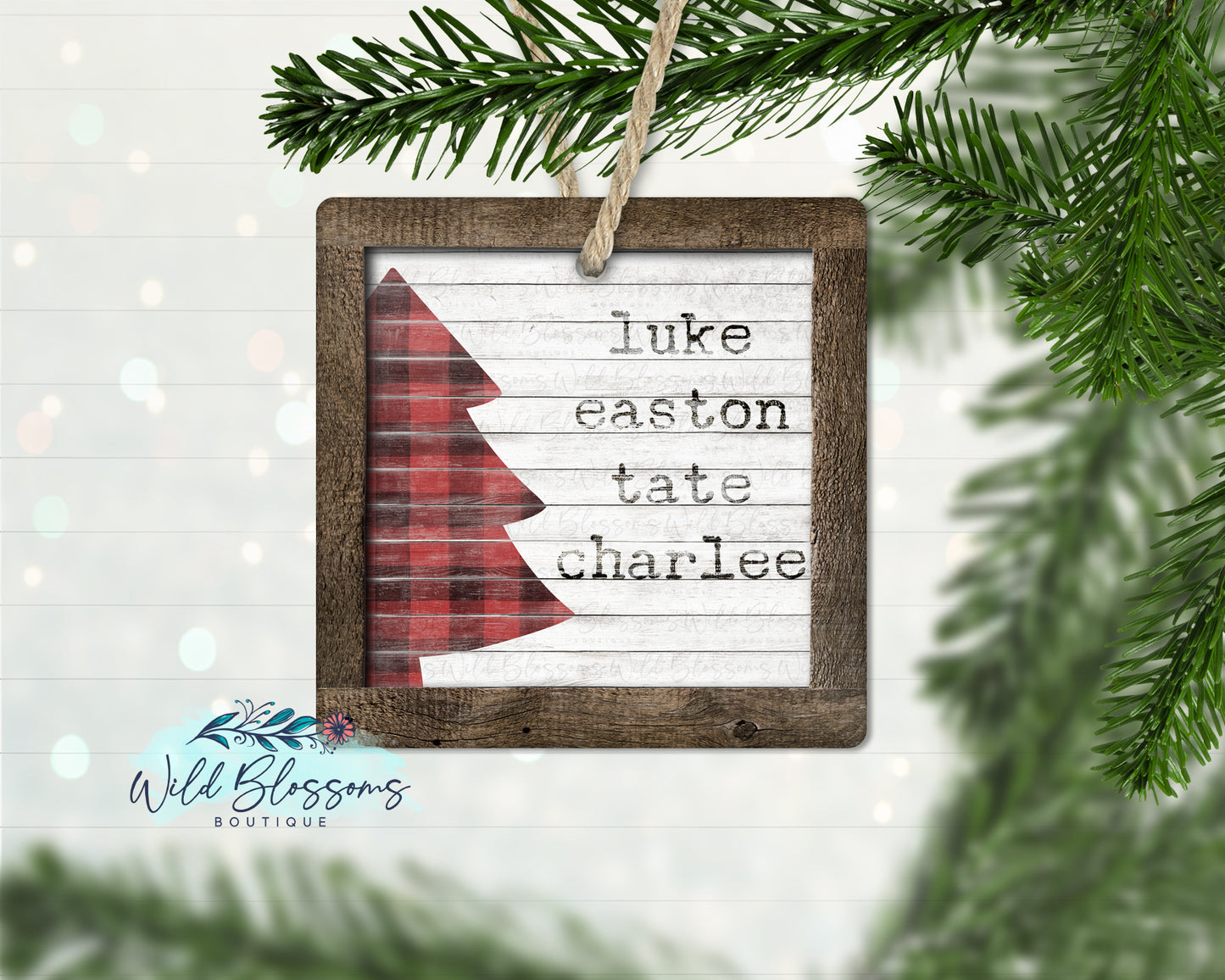 Rustic Wooden Red Buffalo Plaid Christmas Tree Family Name Ornament