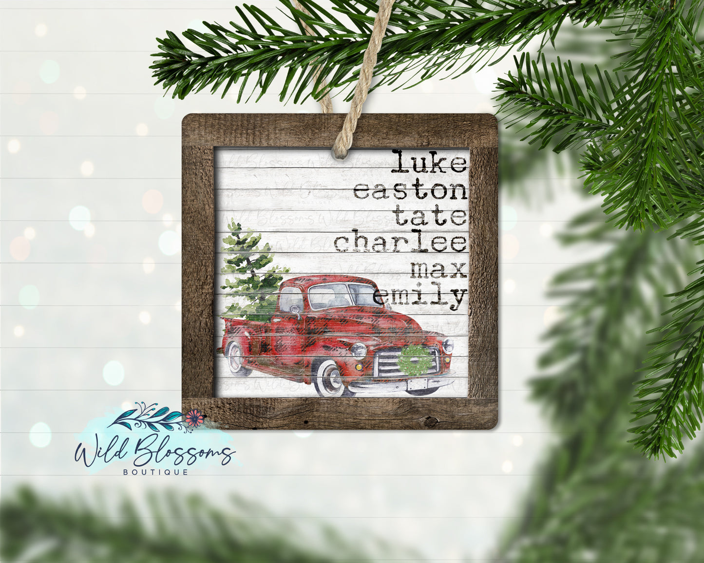 Rustic Wooden Red Truck Family Name Ornament
