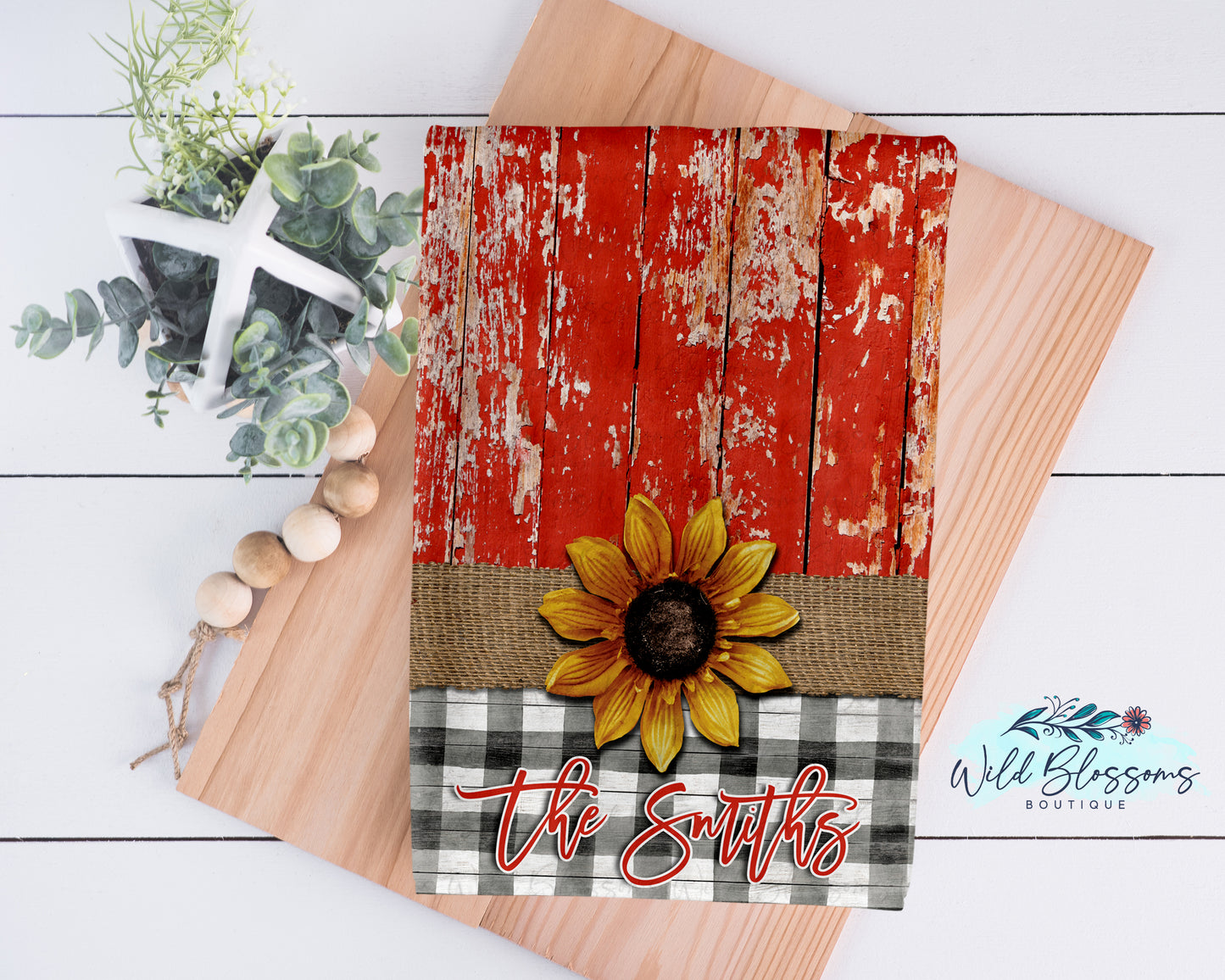 Red Wooden Buffalo Plaid Sunflower Kitchen Towel