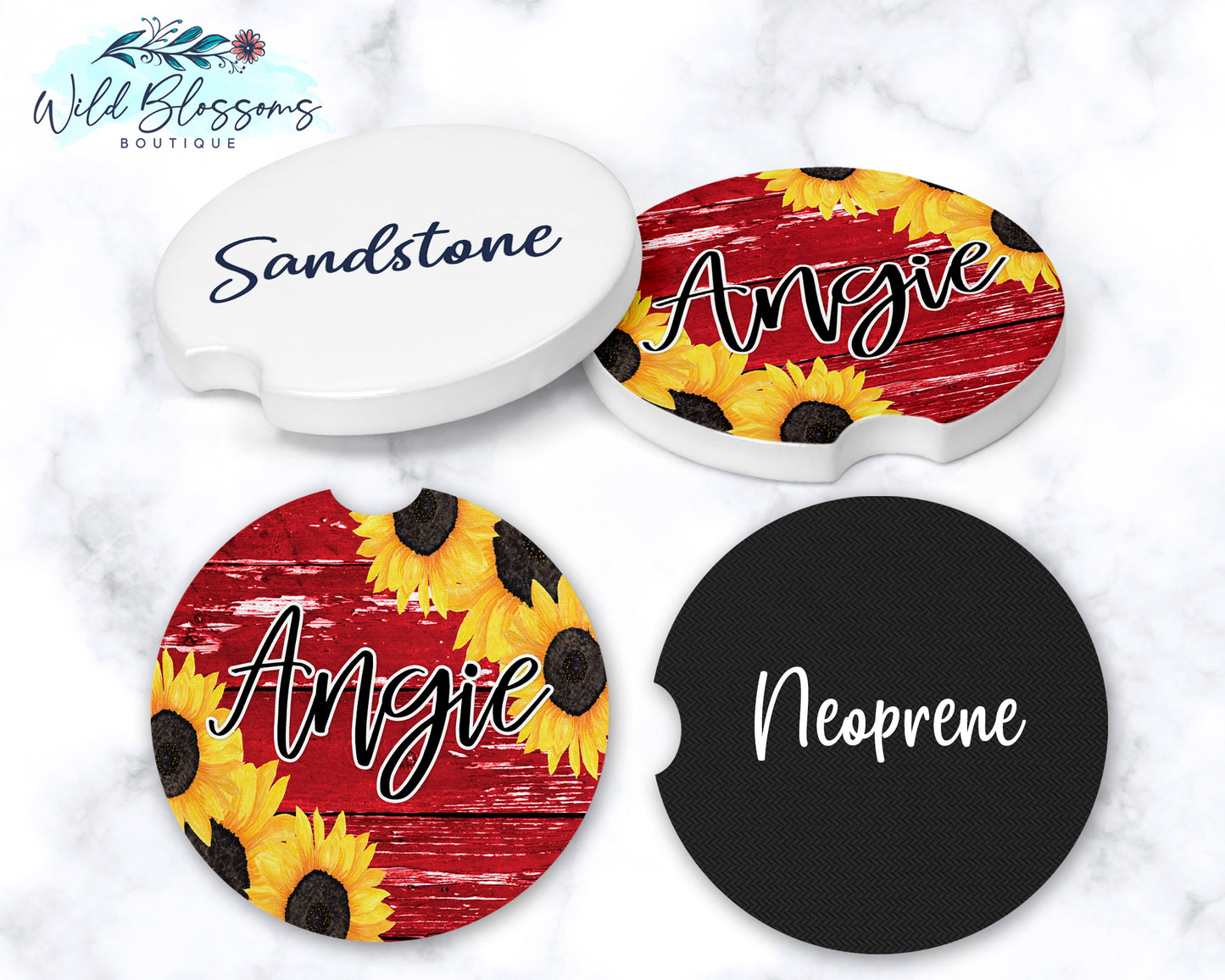 Red Wooden Sunflower Car Coasters