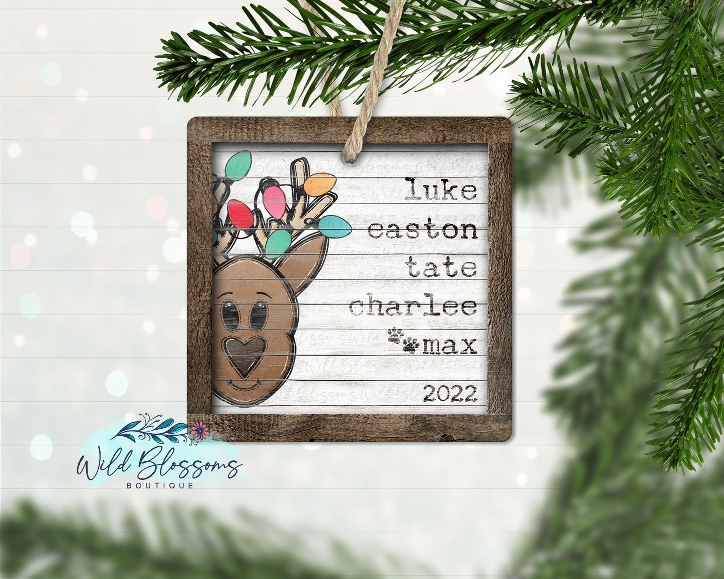 Rustic Wooden Reindeer Family Name Ornament