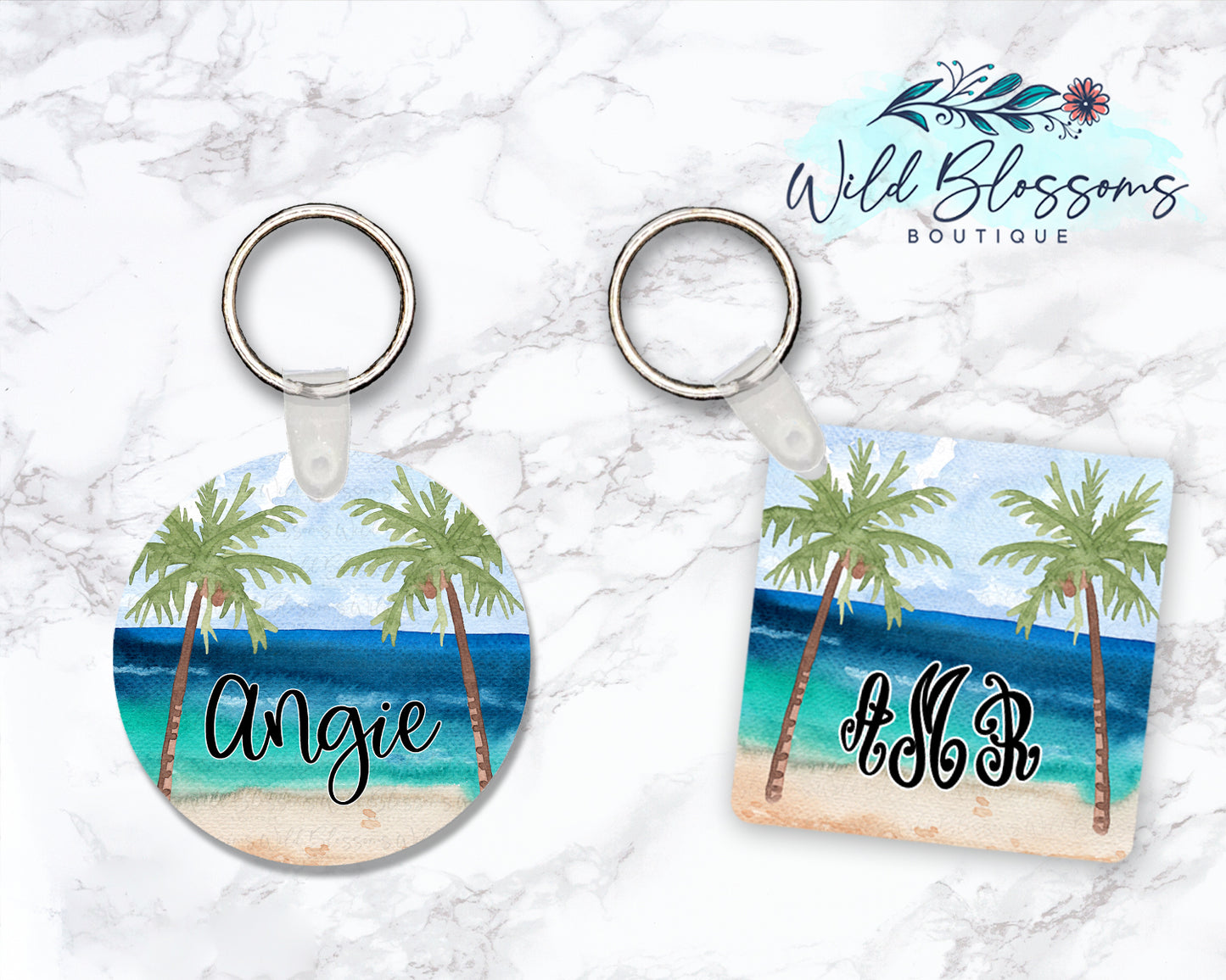 Beach Scene Personalized Round or Square Double Sided Keychain