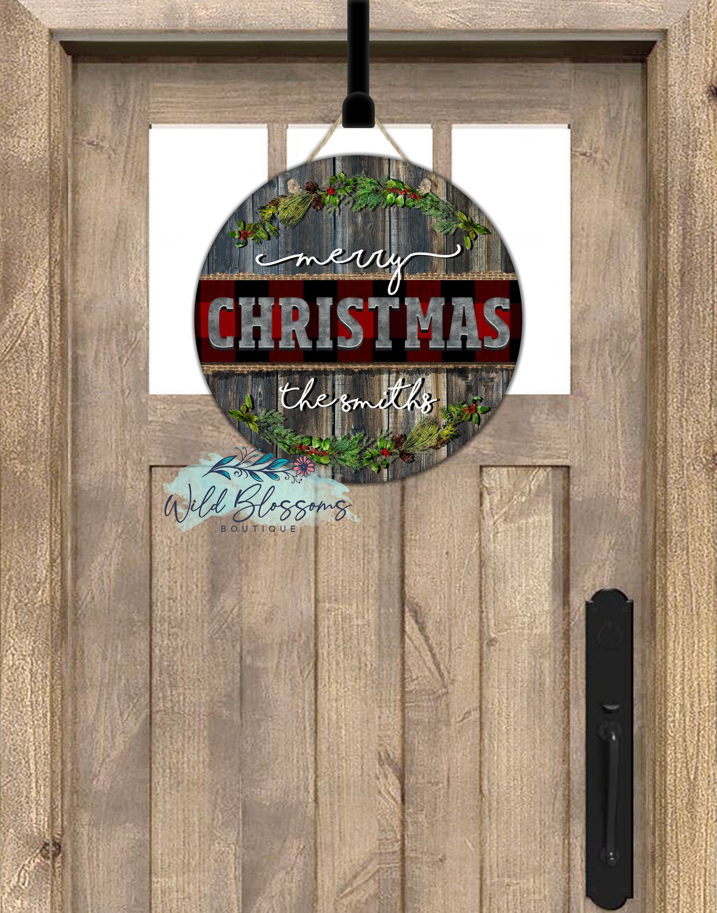 Wooden Rustic Merry Christmas Branches Personalized Round Door Hanger