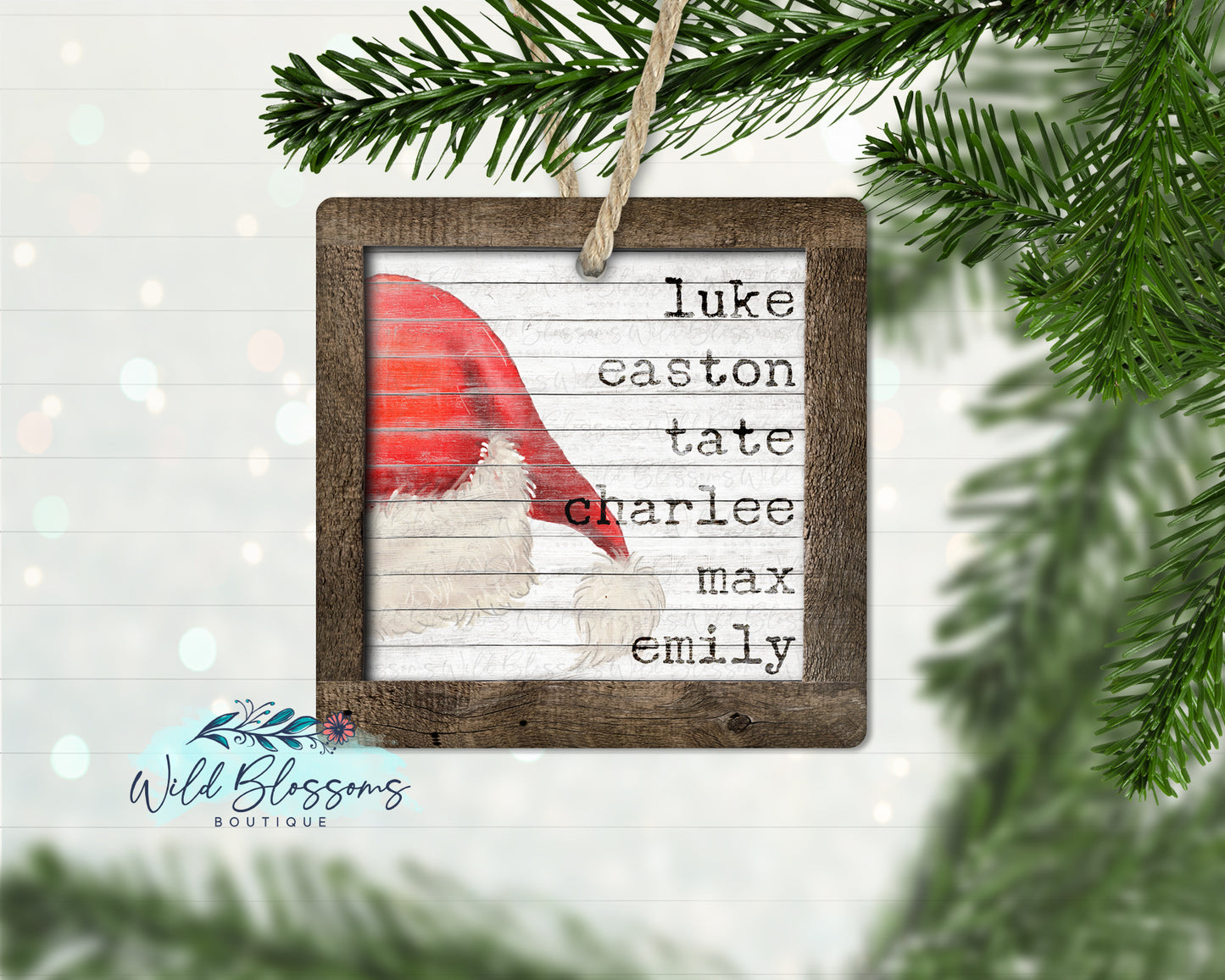 Rustic Wooden Santa Hat Family Name Ornament