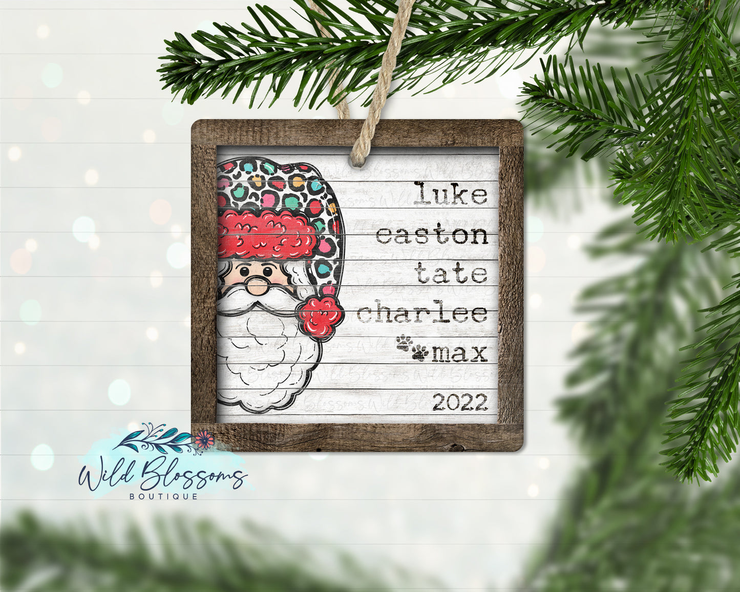 Rustic Wooden Santa Family Name Ornament