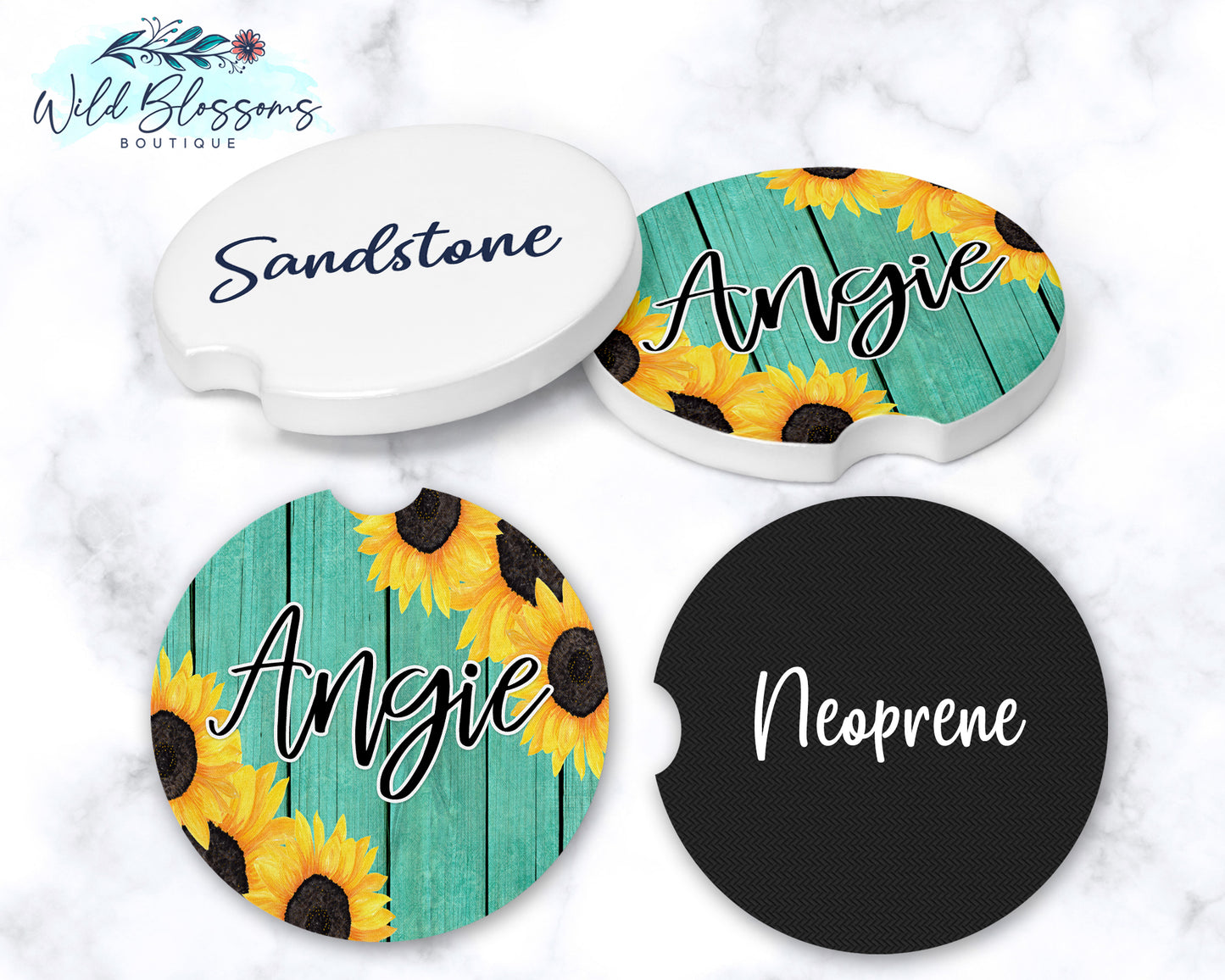 Teal Wooden Sunflower Car Coasters