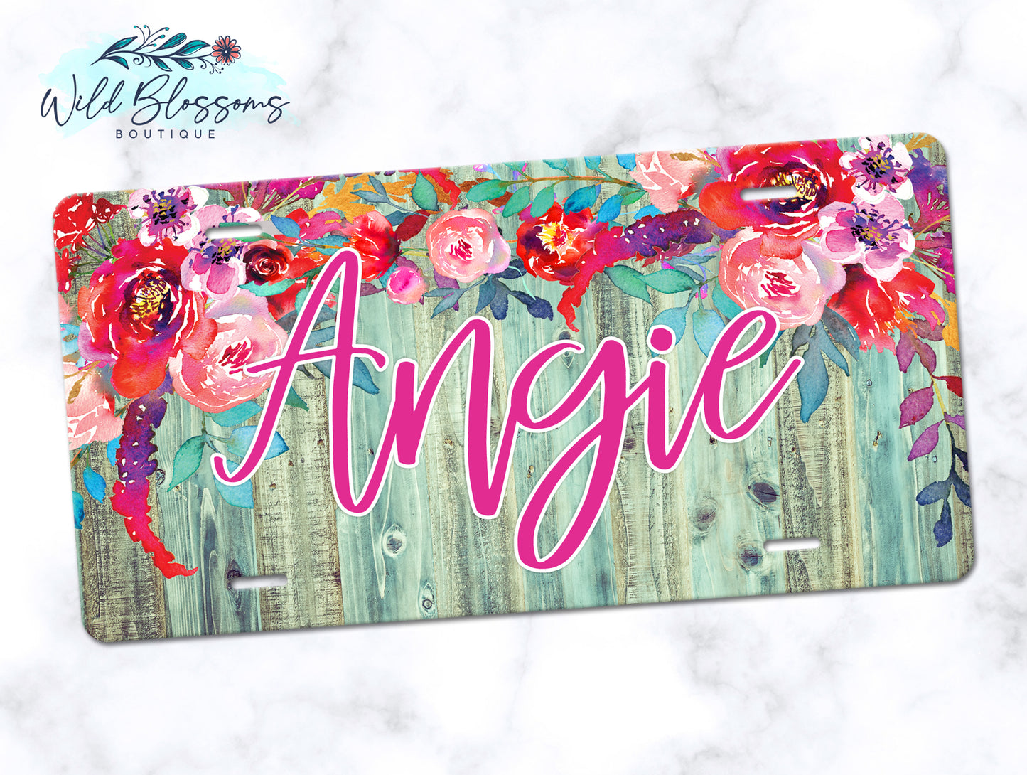 Wooden Turquoise Floral Drop Personalized License Plate
