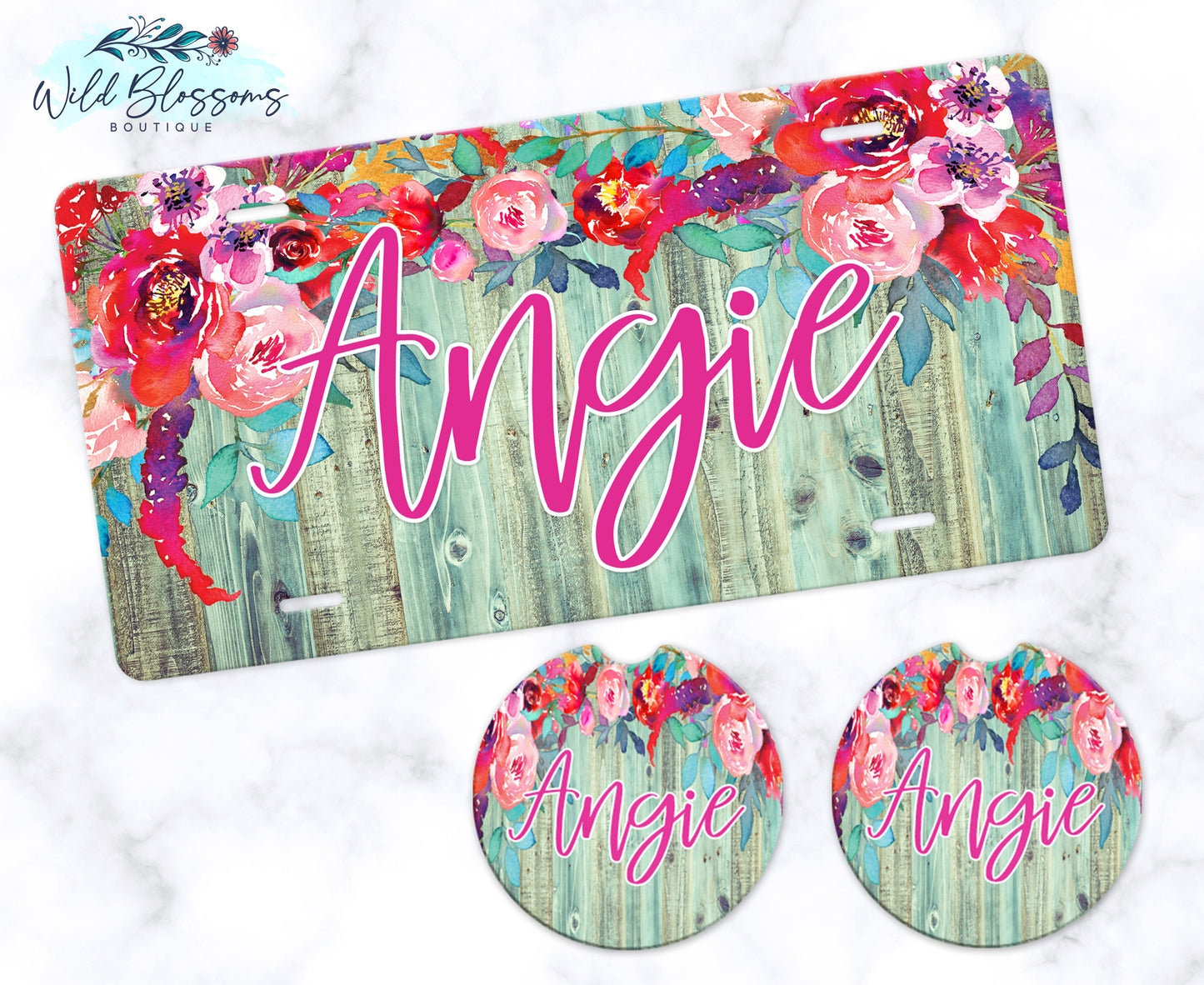 Wooden Turquoise Floral Drop Personalized License Plate