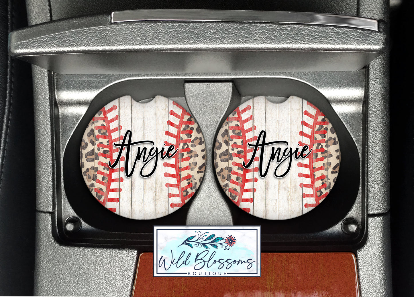 Wooden Baseball And Leopard Print Car Coasters