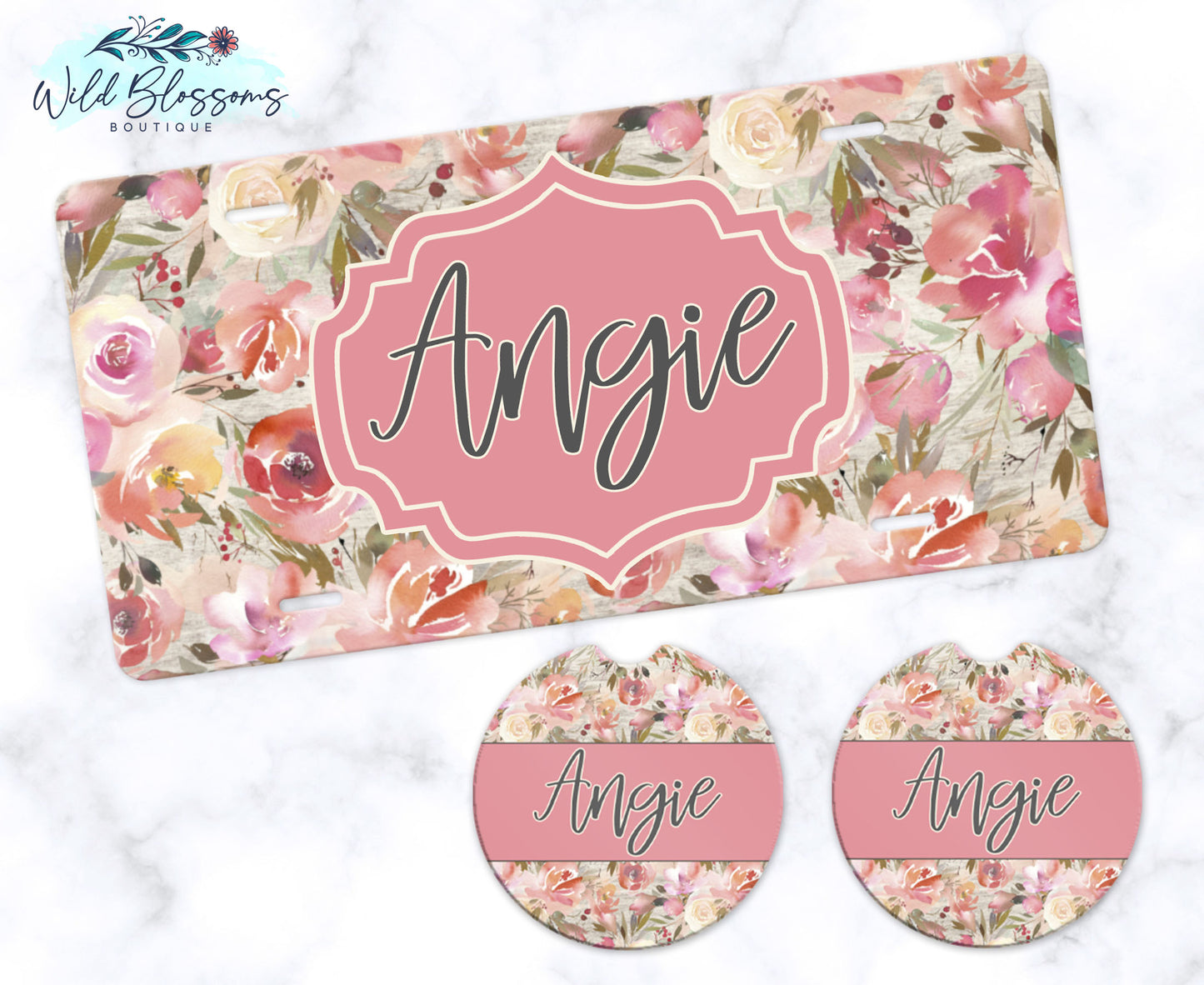 Wooden Blush Floral License Plate
