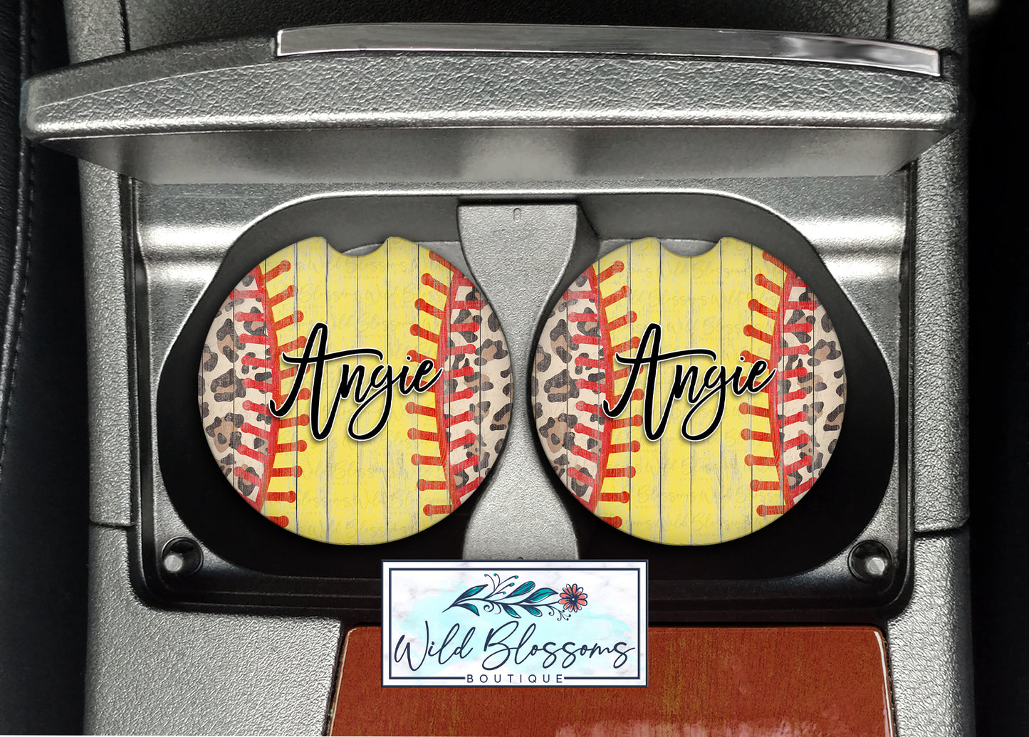 Wooden Softball And Leopard Print Personalized Car Coasters