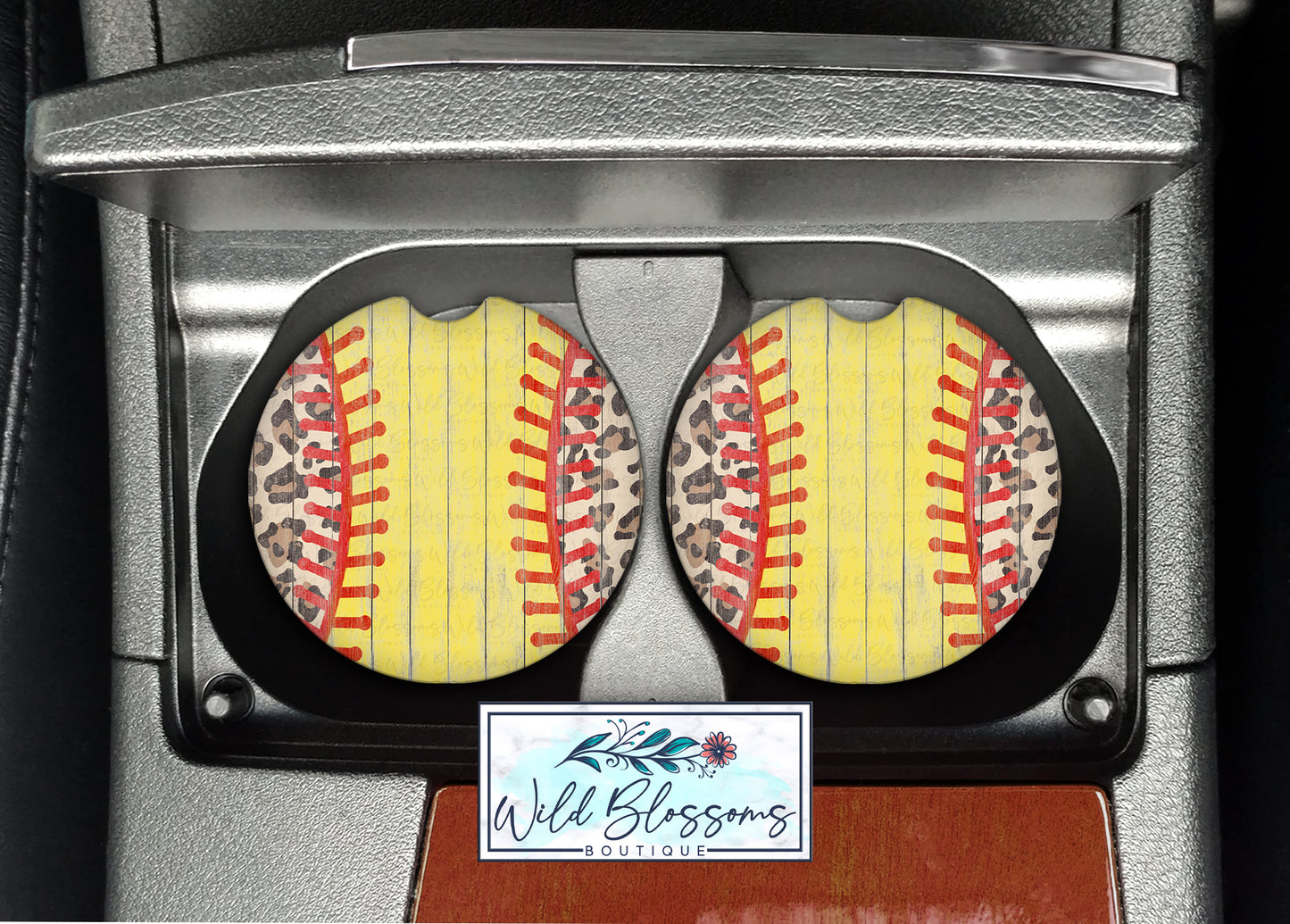 Wooden Softball And Leopard Print Personalized Car Coasters