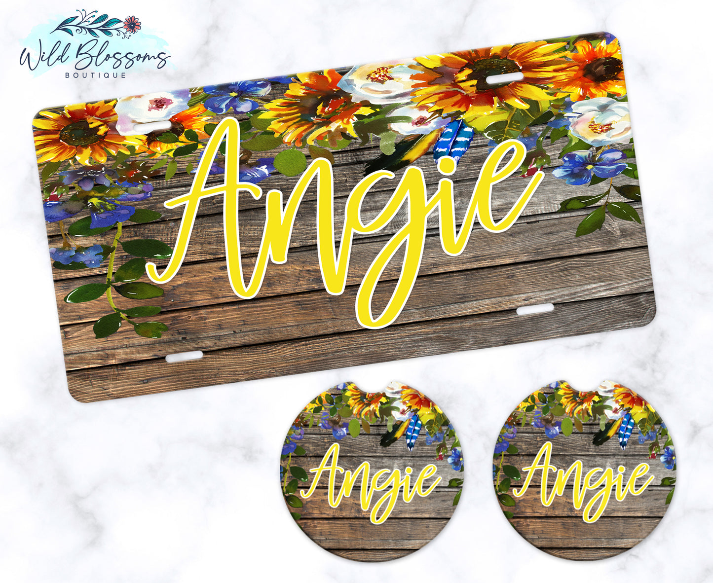 Wooden Sunflower Floral Personalized License Plate