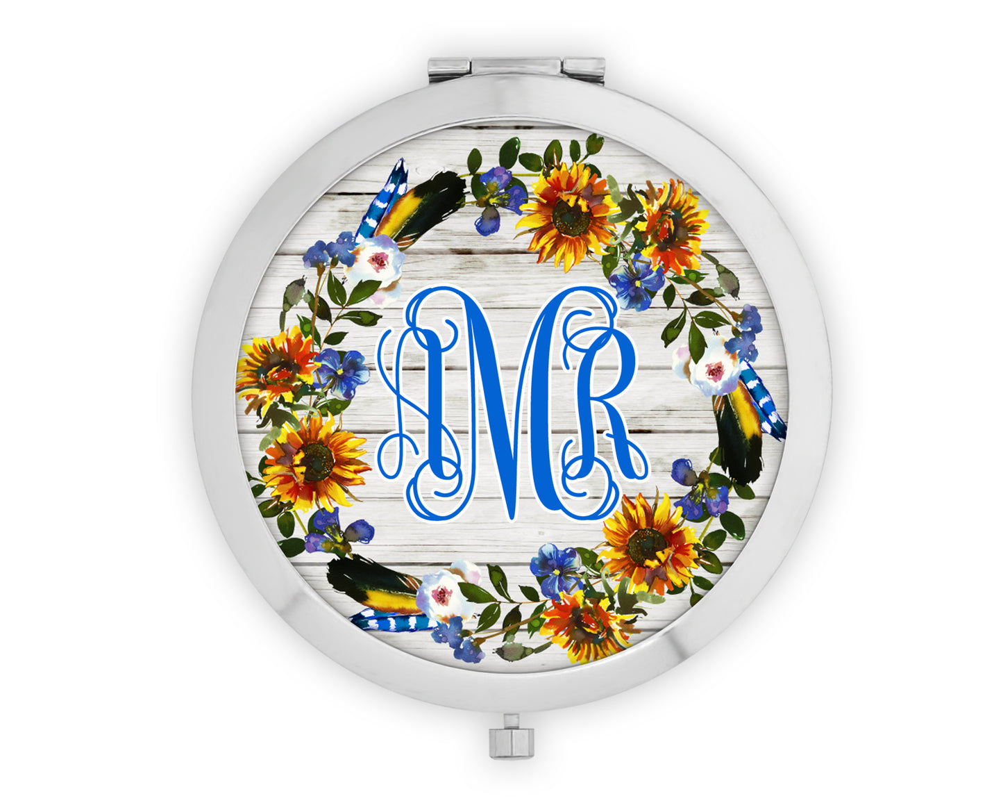 Wooden Sunflower Floral Wreath Monogram Mirror Compact