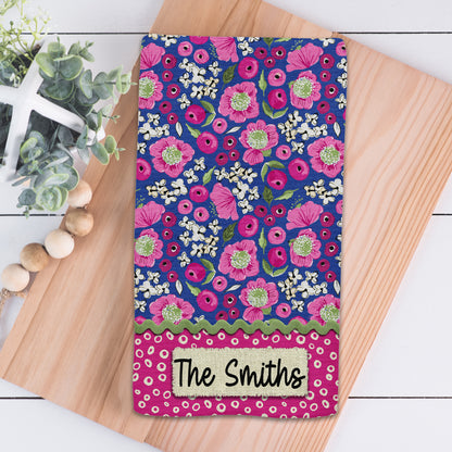 Bright Pink and Green Floral Personalized Kitchen Towel