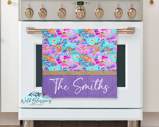 Purple Wooden Hibiscus Floral Personalized Kitchen Towel