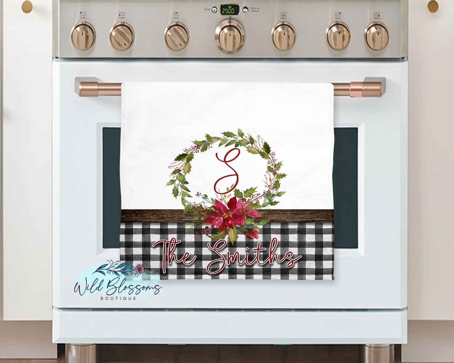 Buffalo Plaid Poinsettia Floral Wreath Personalized Kitchen Towel