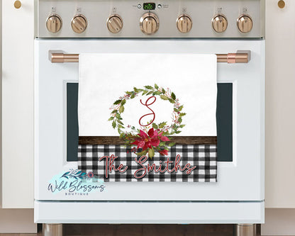 Buffalo Plaid Poinsettia Floral Wreath Personalized Kitchen Towel