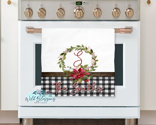 Buffalo Plaid Poinsettia Floral Wreath Personalized Kitchen Towel