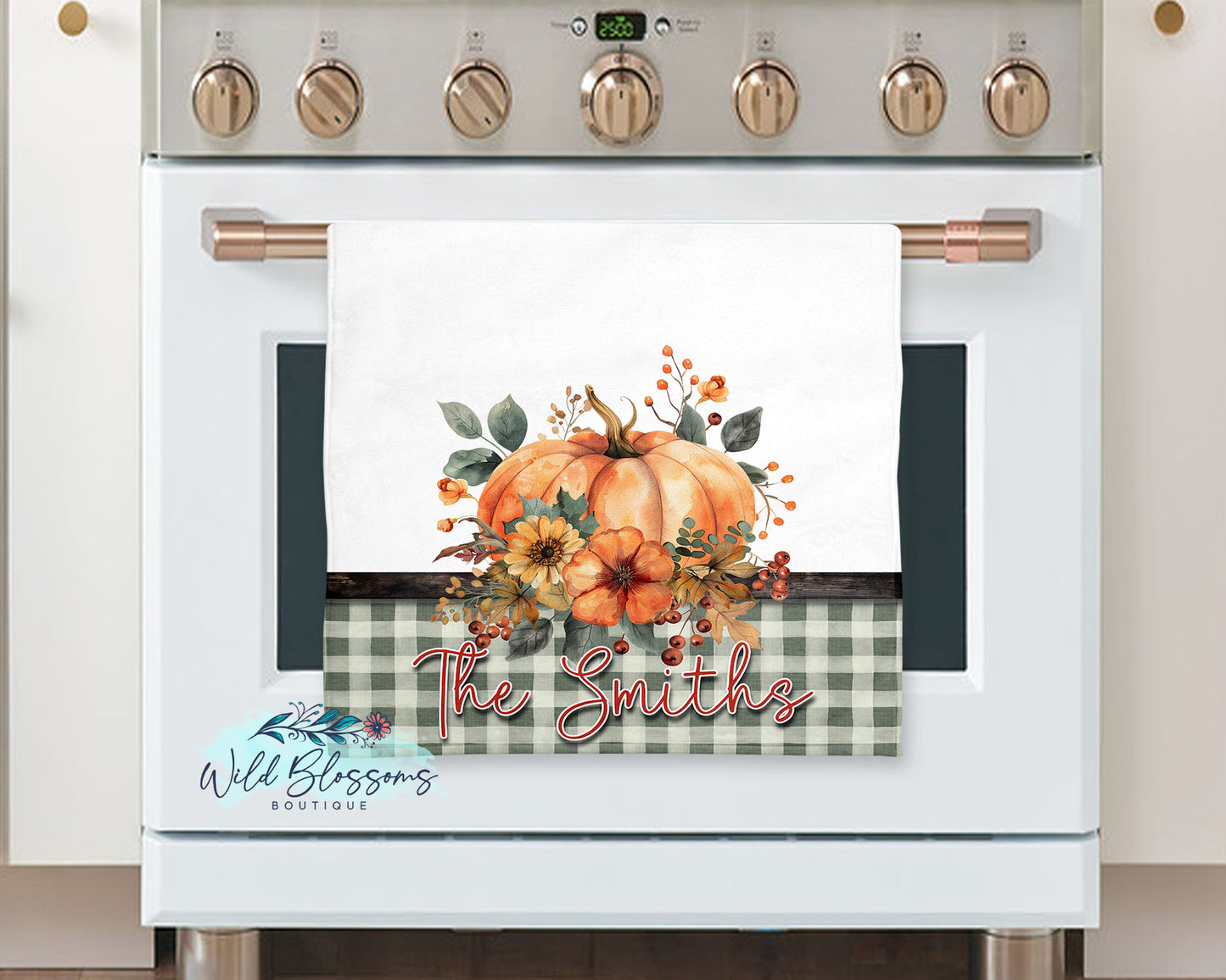 Sage Green Buffalo Plaid Floral Pumpkin Fall Personalized Kitchen Towel