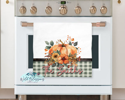 Sage Green Buffalo Plaid Floral Pumpkin Fall Personalized Kitchen Towel