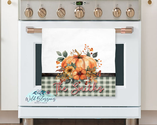 Sage Green Buffalo Plaid Floral Pumpkin Fall Personalized Kitchen Towel