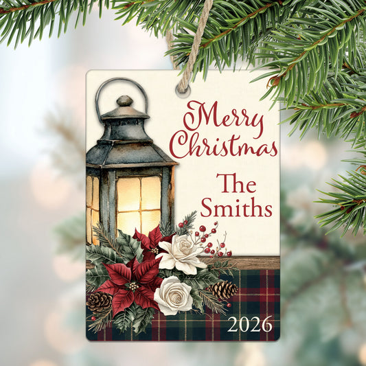 Vintage Christmas Lantern & Floral Personalized Ornament