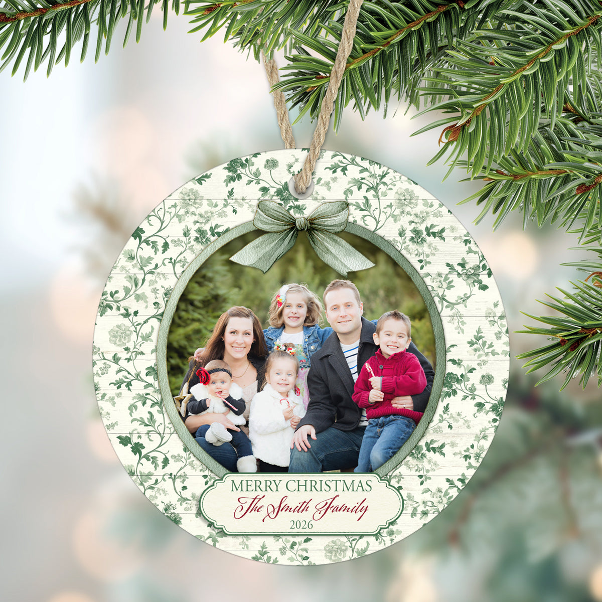 Vintage Green Toile Personalized Christmas Photo Ornament