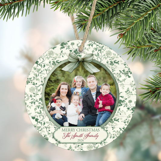 Vintage Green Toile Personalized Christmas Photo Ornament