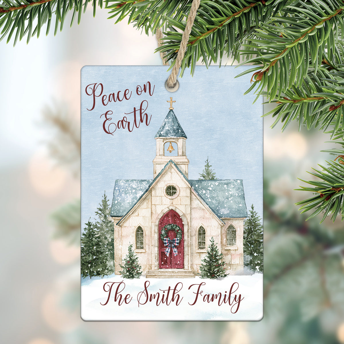 Peace on Earth Winter Church Personalized Christmas Ornament