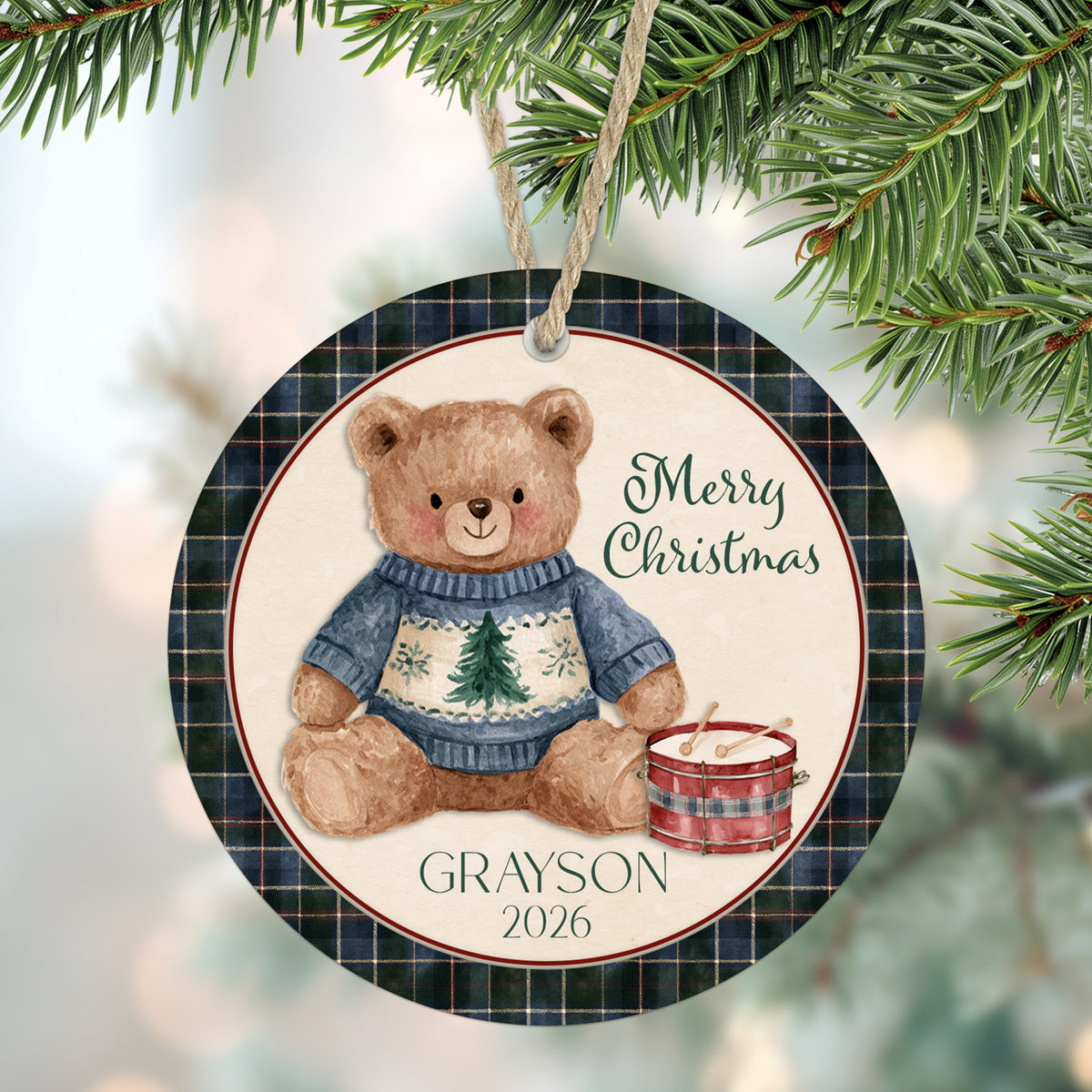Vintage Christmas Teddy Bear & Drum Personalized Boy Ornament