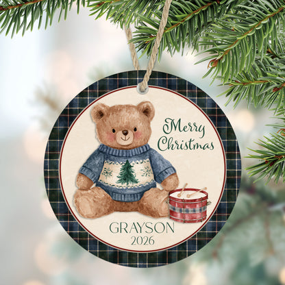 Vintage Christmas Teddy Bear & Drum Personalized Boy Ornament
