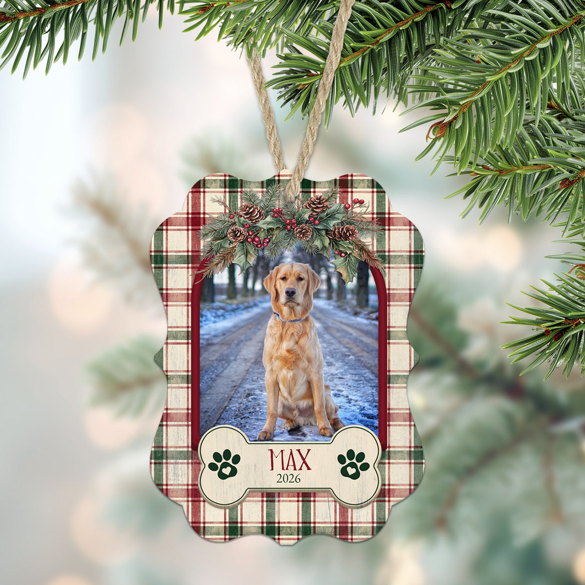 Vintage Christmas Plaid Personalized Pet Photo Ornament