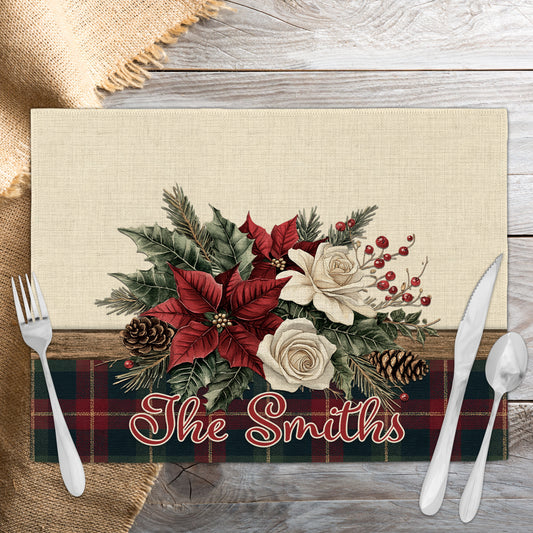 Vintage Christmas Floral Plaid Personalized Placemat