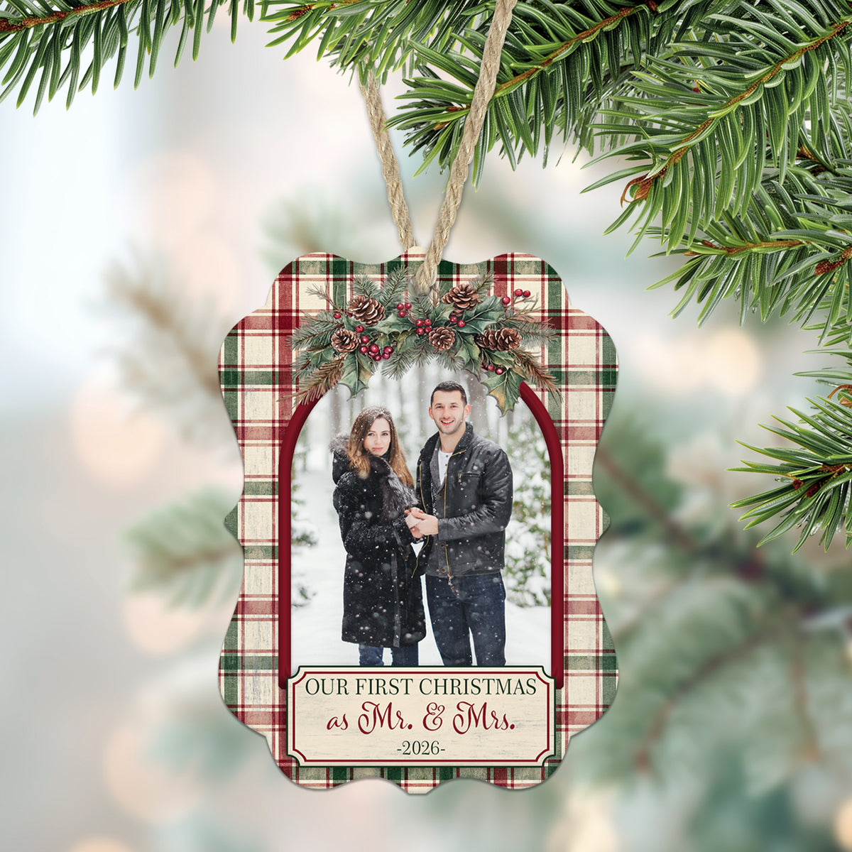 Vintage Christmas Plaid Personalized Photo Ornament