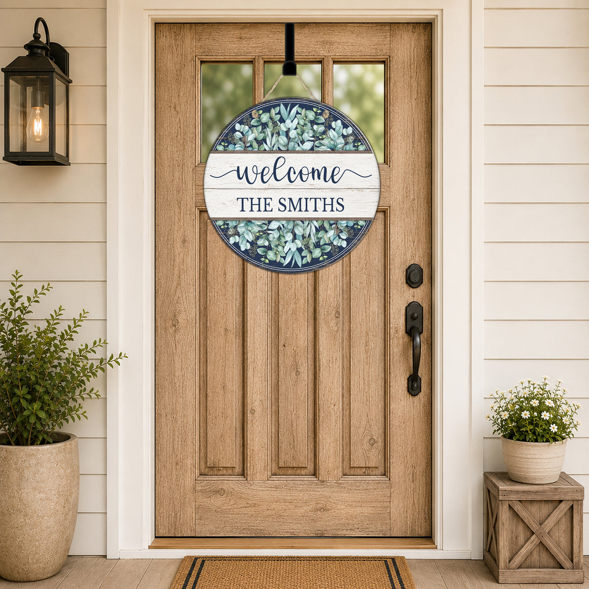 Navy Farmhouse Eucalyptus Personalized Round Door Hanger